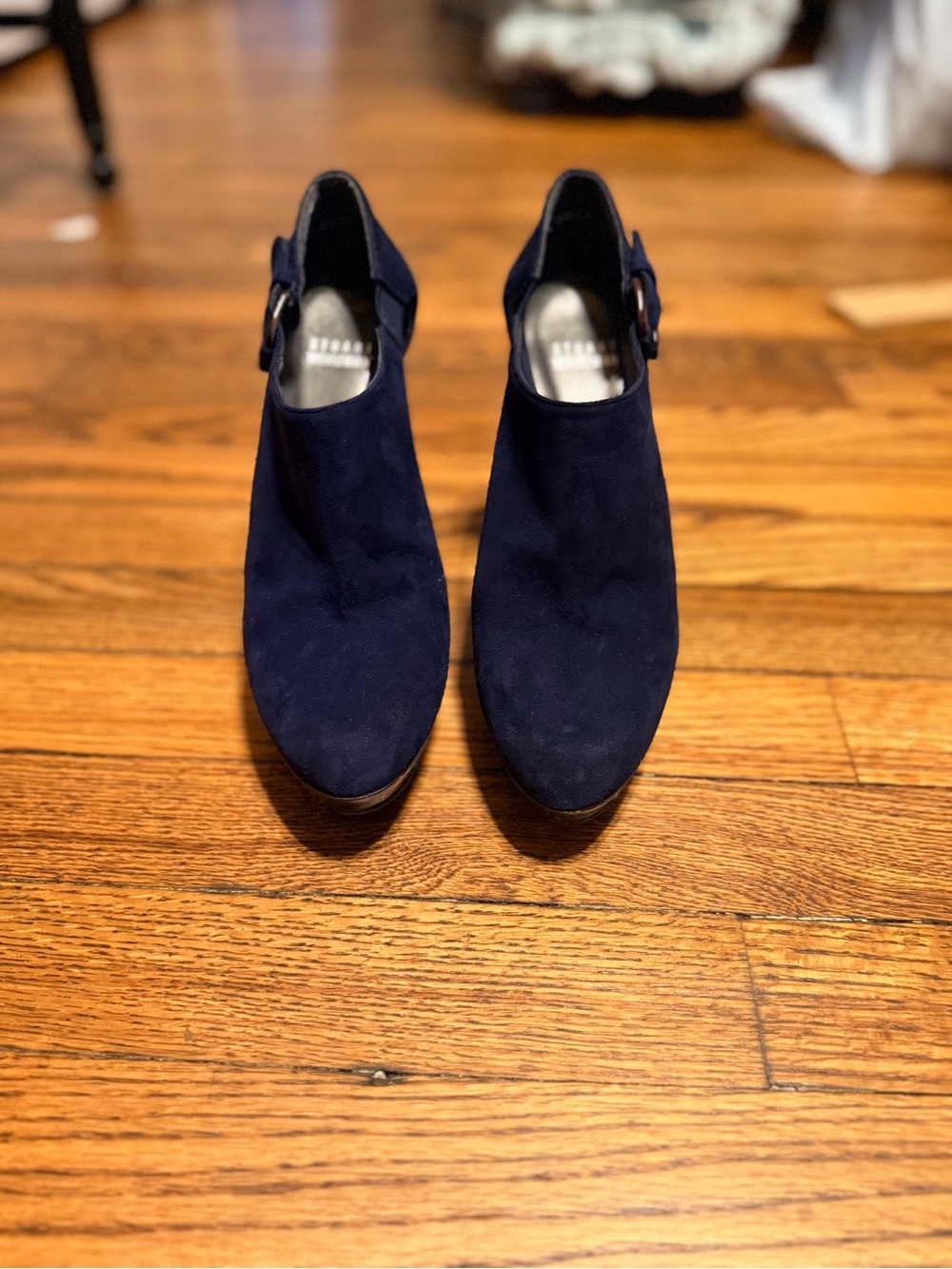 Stuart Weitzman Navy Suede Ankle Booties with Buckle Detail